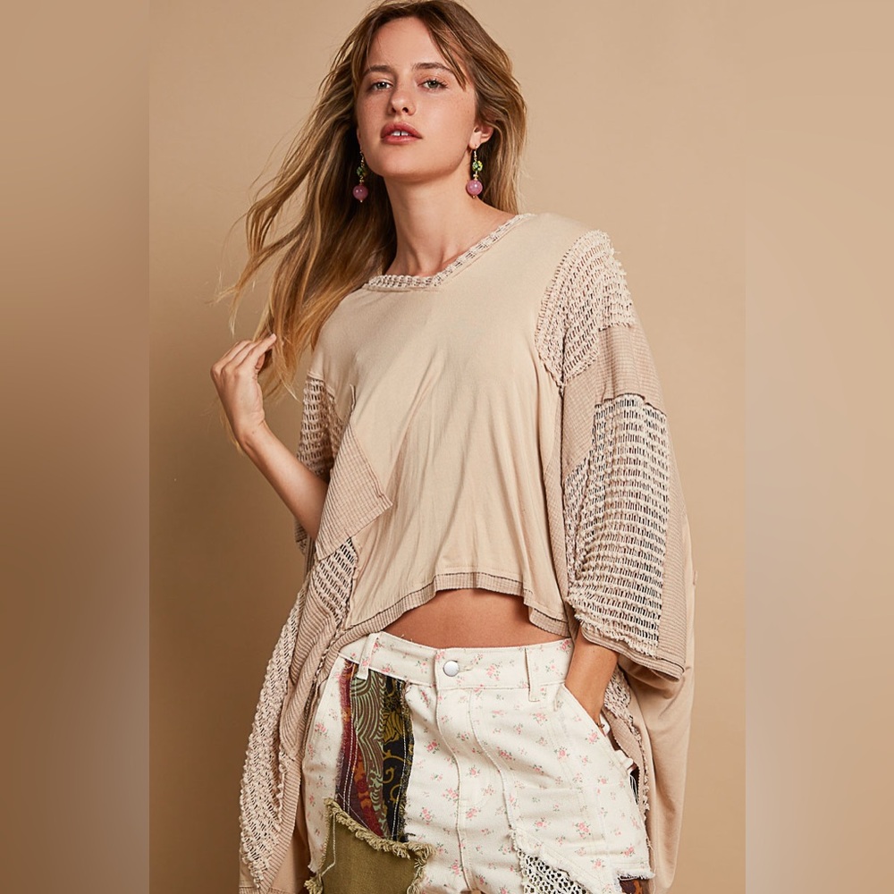 394B-TAUPE. Patched Oversized Sheer Contrast Solid Color Top
